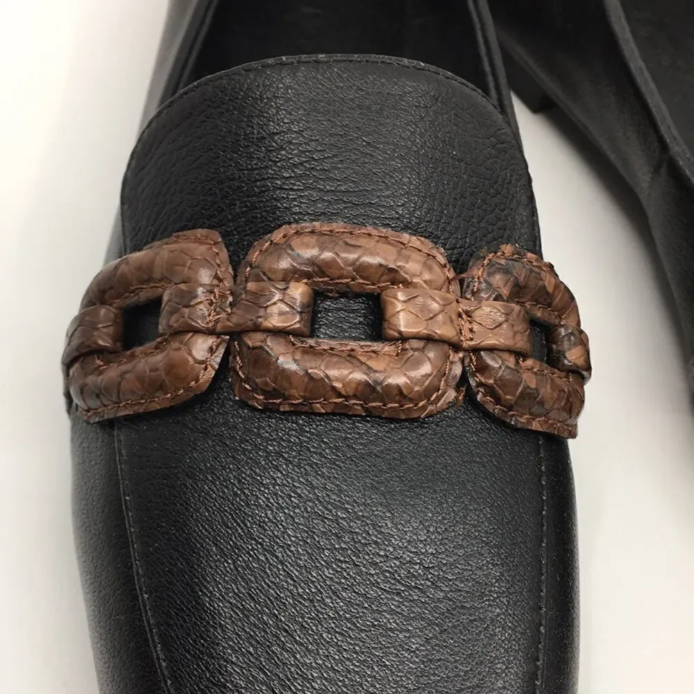 Sanctuary Blast Chain Leather Loafer Flats Sz 6 Black Pebble Brown Snakeskin